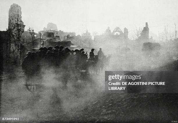 British troops going through the ruins of Ypres, Flanders, Belgium, World War I, from L'Illustrazione Italiana, Year XLIV, No 47, November 25, 1917.