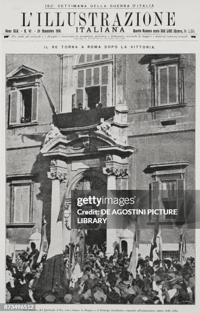 King of Italy Vittorio Emanuele III with Queen Elena and Prince Hereditary Umberto at the balcony of the Quirinale, Rome, Italy, celebration for the...