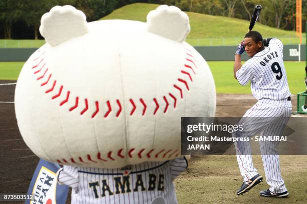 Louis Okoye of Samurai Japan during a practice game between Japan and Saitama Seibu Lions at Sokken Stadium on November 13, 2017 in Miyazaki, Japan.