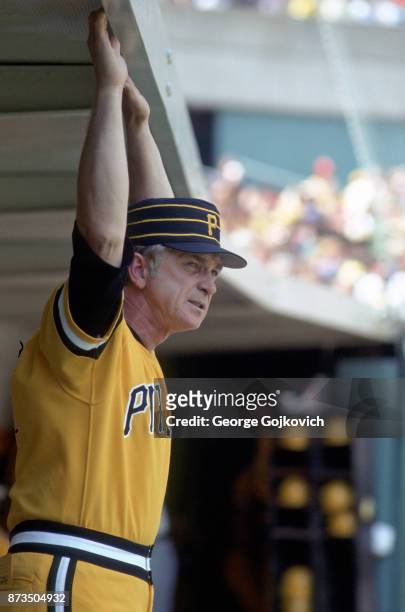 Manager Chuck Tanner of the Pittsburgh Pirates looks on from the dugout during a Major League Baseball game at Three Rivers Stadium circa 1979 in...