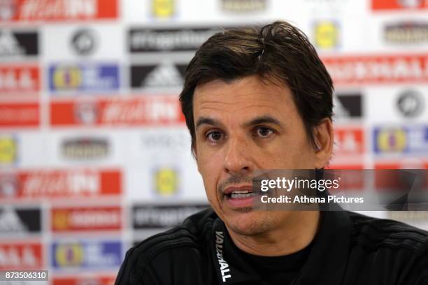 Manager, Chris Coleman speaks to reporters during the Wales Press Conference at The Cardiff City Stadium on November 13, 2017 in Cardiff, Wales.