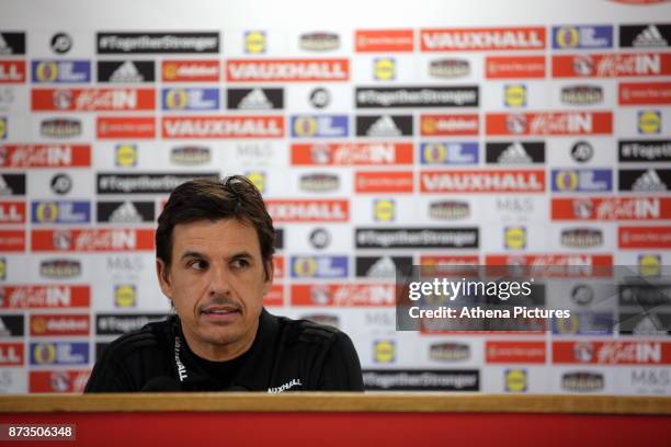 Manager, Chris Coleman speaks to reporters during the Wales Press Conference at The Cardiff City Stadium on November 13, 2017 in Cardiff, Wales.