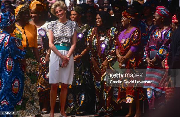 Diana, Princess of Wales, and Maryam Babangida , the wife of the Nigerian president General Ibrahim Badamasi Babangida, attend the Rural Women's Fair...