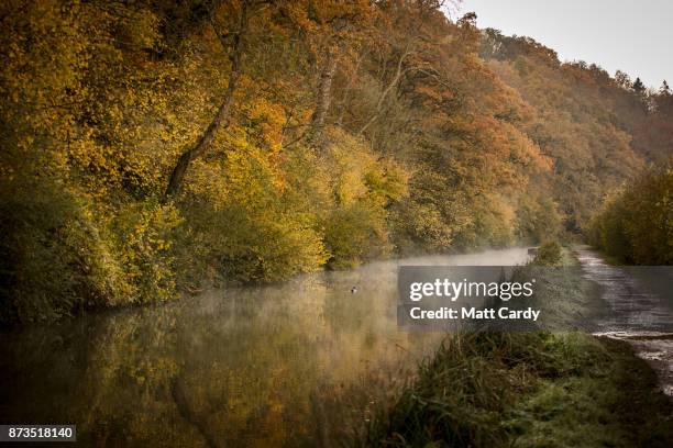 Autumn colours from the trees are reflected in the water of the Kennet and Avon canal near the Dundas Aqueduct as the sun rises on November 13, 2017...