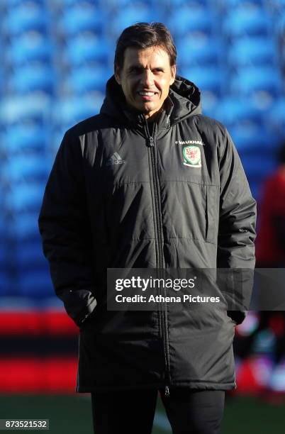 Manager Chris Coleman watches his players train during the Wales Press Conference and Training Session at The Cardiff City Stadium on November 13,...