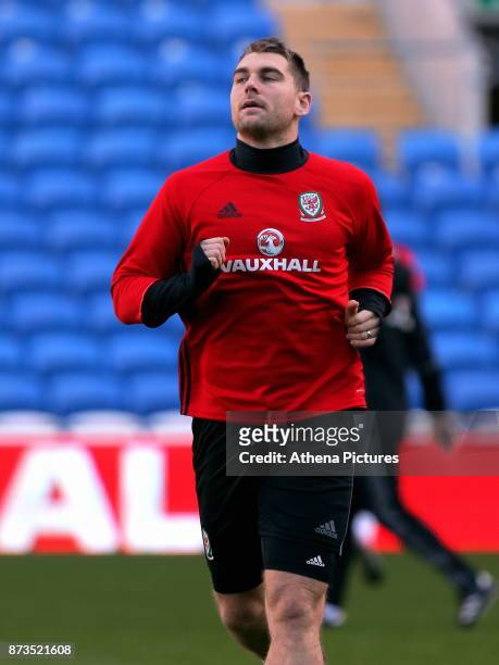 Sam Vokes in action during the Wales Press Conference and Training Session at The Cardiff City Stadium on November 13, 2017 in Cardiff, Wales.