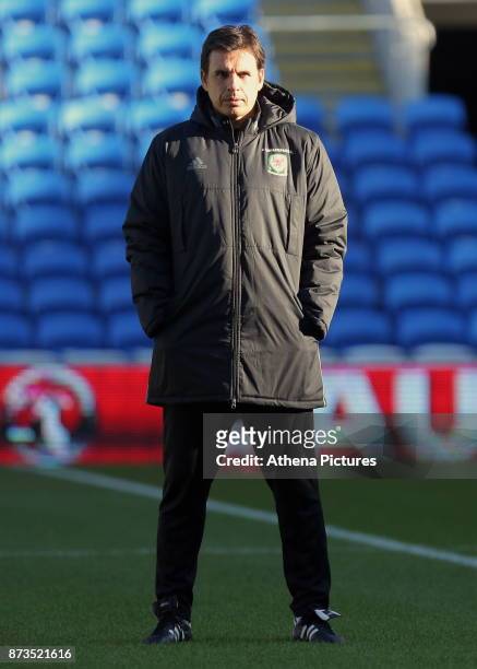 Manager Chris Coleman watches his players train during the Wales Press Conference and Training Session at The Cardiff City Stadium on November 13,...