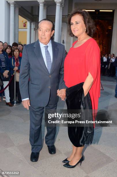 Curro Romero and Carmen Tello attend Yeyes Manzanares and Guillaume Cazelle's wedding at Basilica de La Macarena on November 11, 2017 in Seville,...