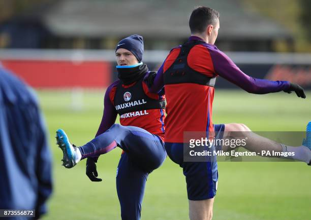 England's Kieran Trippier and Michael Keane during a training session at Enfield Training Ground, London.