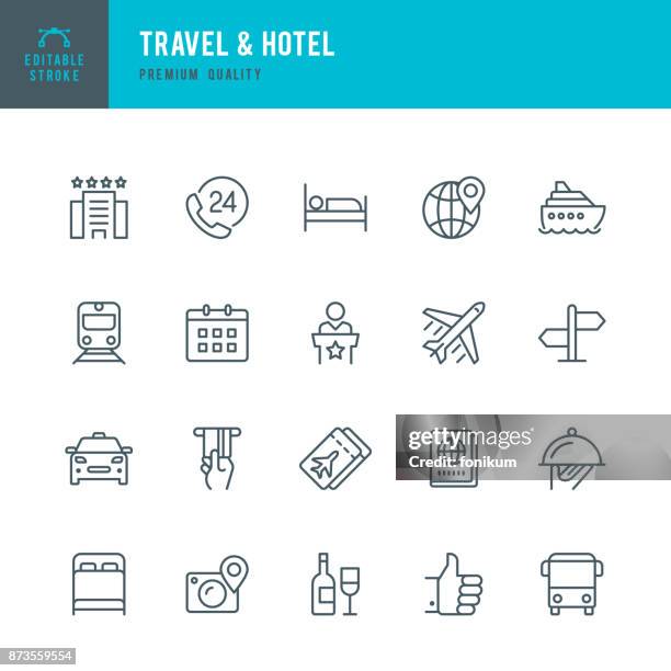 bildbanksillustrationer, clip art samt tecknat material och ikoner med travel & hotel - uppsättning av tunn linje vektor ikoner - hotell