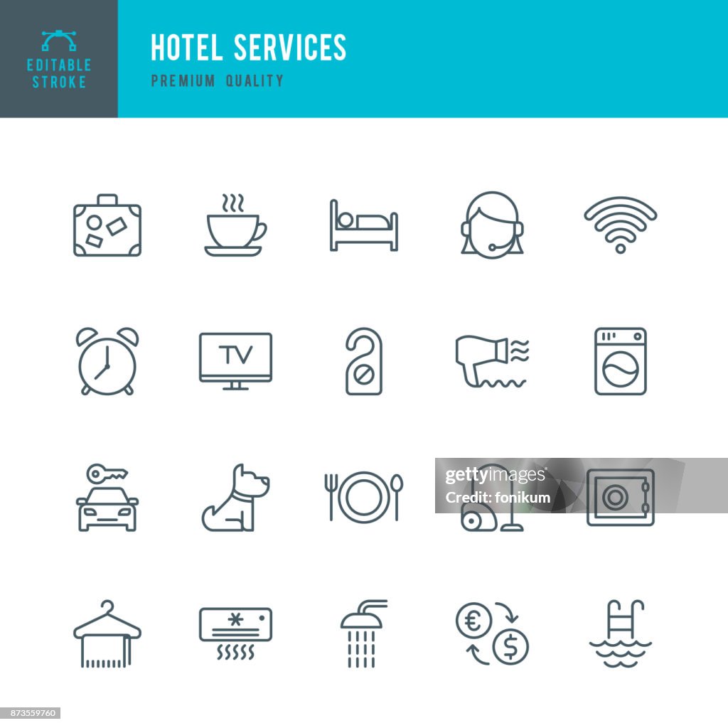 Hoteldiensten - dunne lijn vector icons set
