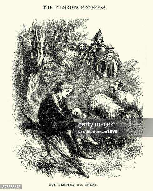 pilgerreise - boy seine schafe füttern - young boy shepherd stock-grafiken, -clipart, -cartoons und -symbole