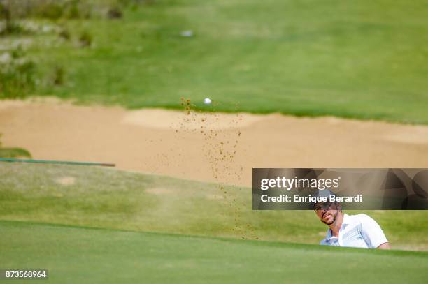 Oscar Fraustro of Mexico hits from the bunker on the fifth hole during the third round of the PGA TOUR Latinoamerica 64 Aberto do Brasil at the...