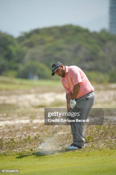 Jose De Jesus Rodriguez of Mexico chips onto the fifth hole during the third round of the PGA TOUR Latinoamerica 64 Aberto do Brasil at the Olympic...