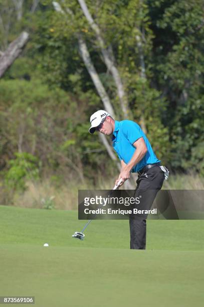Michael Buttacavoli of the United States putts on the 14th hole during the third round of the PGA TOUR Latinoamerica 64 Aberto do Brasil at the...