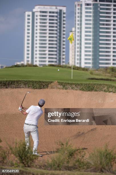 Oscar Fraustro of Mexico hits out of a bunker on the 15th hole during the third round of the PGA TOUR Latinoamerica 64 Aberto do Brasil at the...