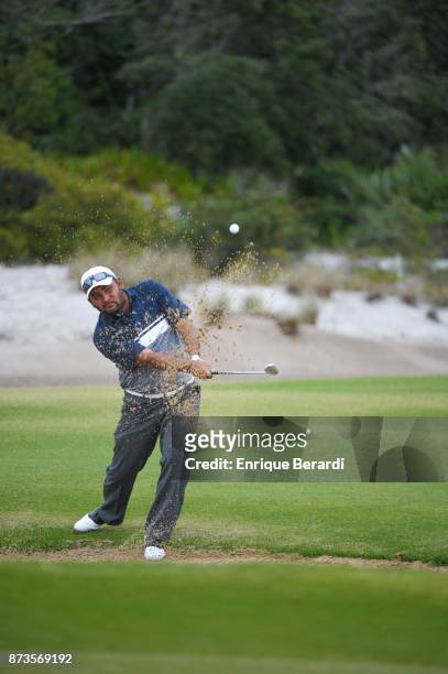 Jose De Jesus Rodriguez of Mexico hits out of a bunker on the third hole during the final round of the PGA TOUR Latinoamerica 64 Aberto do Brasil at...