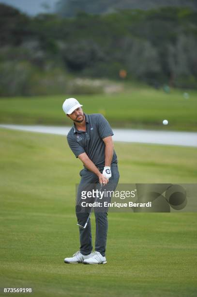 Oscar Fraustro of Mexico chips onto the fourth hole during the final round of the PGA TOUR Latinoamerica 64 Aberto do Brasil at the Olympic Golf...