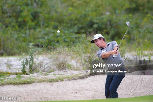 Rodolfo Cazaubon of Mexico hits out of the bunker on the 14th hole during the final round of the PGA TOUR Latinoamerica 64 Aberto do Brasil at the...