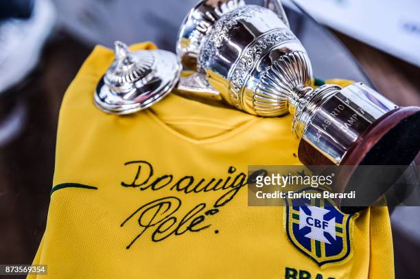 Shirt signed by Pele during the final round of the PGA TOUR Latinoamerica 64 Aberto do Brasil at the Olympic Golf Course on October 15, 2017 in Rio...
