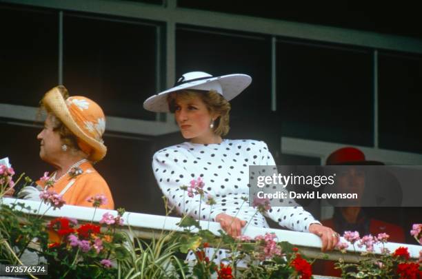 Diana Princess of Wales with the Queen Mother on the balcony of the Royal box, at the Derby on June 5, 1986 at Epsom racecourse in Surrey.