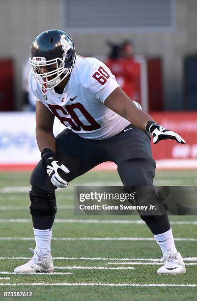 Andre Dillard of the Washington State Cougars in his stance at the line of scrimmage during their game against the Utah Utes at Rice-Eccles Stadium...