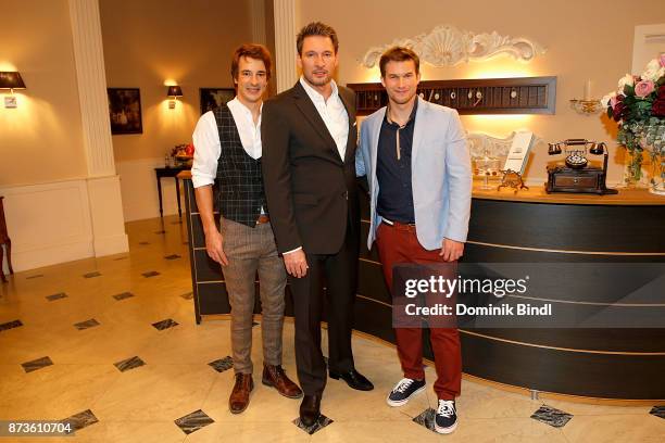 Sebastian Fischer, Dieter Bach and Florian Frohwein during the 'Sturm der Liebe' fan event at Bavaria Studios on November 13, 2017 in Munich, Germany.