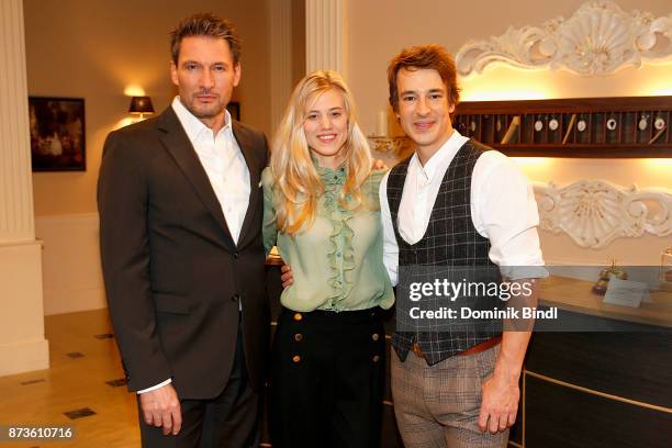 Dieter Bach, Larissa Marolt and Sebastian Fischer during the 'Sturm der Liebe' fan event at Bavaria Studios on November 13, 2017 in Munich, Germany.