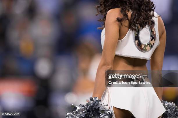 Indianapolis Colts cheerleaders wear special uniforms for Veteran's Day during the NFL game between the Pittsburgh Steelers and Indianapolis Colts on...