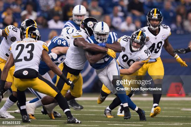 Pittsburgh Steelers linebacker Vince Williams brings down Indianapolis Colts running back Frank Gore during the NFL game between the Pittsburgh...