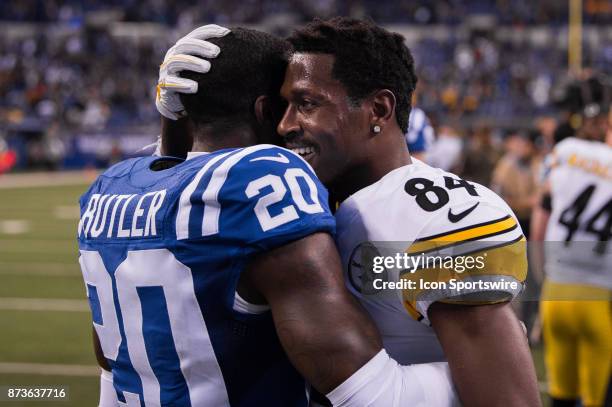 Indianapolis Colts safety Darius Butler and Pittsburgh Steelers wide receiver Antonio Brown talk after the NFL game between the Pittsburgh Steelers...