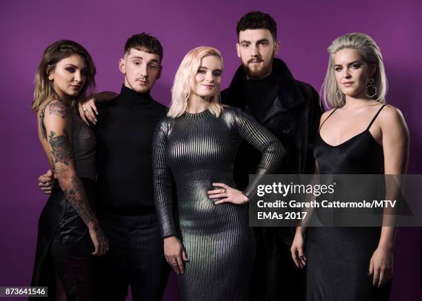 Julia Michaels, Luke Patterson, Grace Chatto and Jack Patterson of Clean Bandit and Anne-Marie pose in the Studio during the MTV EMAs 2017 held at...