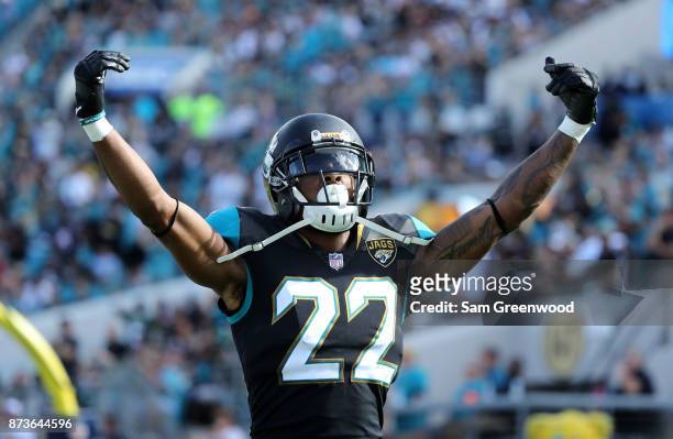Aaron Colvin of the Jacksonville Jaguars celebrates a play in the second half of their game against the Los Angeles Chargers at EverBank Field on...