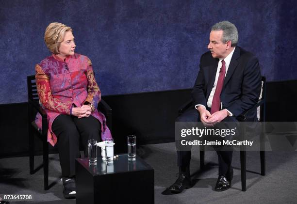 Former US Secretary of State Hillary Rodham Clinton and Founding President of Child Mind Institute Harold S. Koplewicz, MD speak onstage during The...