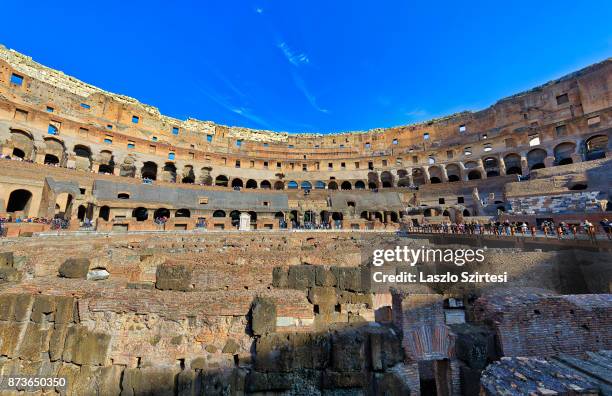 The Colosseum is seen from inside on October 31, 2017 in Rome, Italy. Rome is one of the most popular tourist destinations in the World.