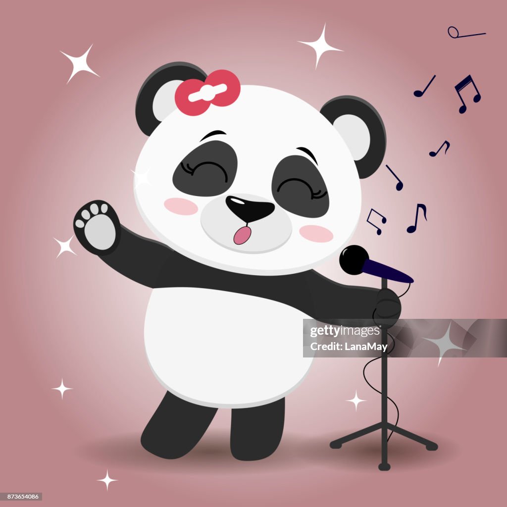 Singer Panda With A Red Bow With A Raised Paw Sings Into The Microphone On  A Pink Background In The Style Of Cartoons High-Res Vector Graphic - Getty  Images
