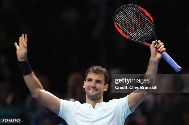 Grigor Dimitrov of Bulgaria celebrates victory in his Singles match against Dominic Thiem of Austria during day two of the Nitto ATP World Tour...