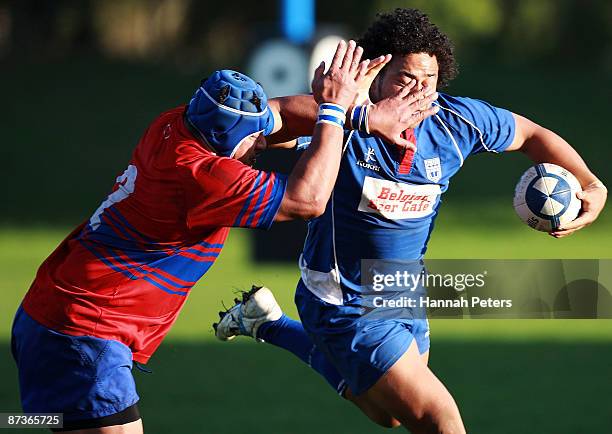 Mapa Tuipulotu of University makes a break during the Pollard Cup Final match between University and Auckand Suburbs at Colin Maiden Park on May 16,...