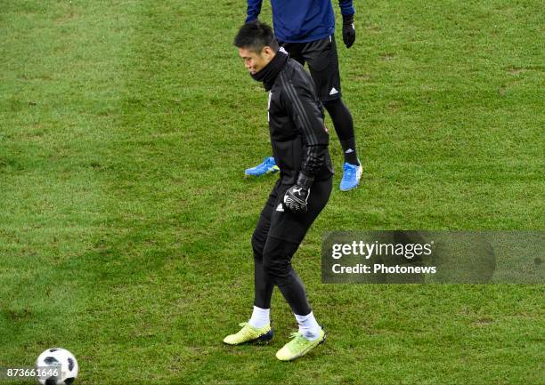 Eiji Kawashima goal keeper of Japan pictured during a training session of Japan National Football Team prior to the friendly match against Belgium on...