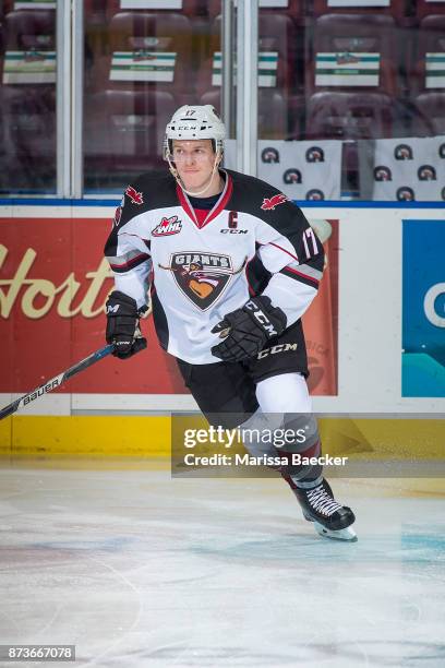 Tyler Benson of the Vancouver Giants warms up against the Kelowna Rocketsat Prospera Place on November 10, 2017 in Kelowna, Canada.