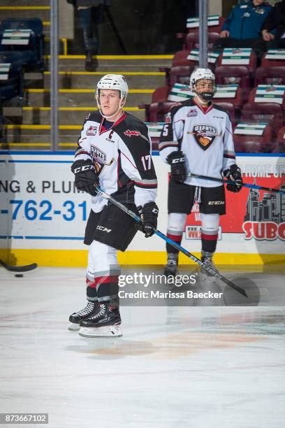 Tyler Benson of the Vancouver Giants warms up against the Kelowna Rocketsat Prospera Place on November 10, 2017 in Kelowna, Canada.