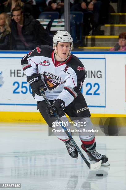 Tyler Benson of the Vancouver Giants skates with the puck against the Kelowna Rockets at Prospera Place on November 10, 2017 in Kelowna, Canada.