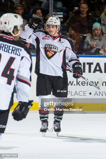 Ty Ronning of the Vancouver Giants celebrates a goal against the Kelowna Rockets at Prospera Place on November 10, 2017 in Kelowna, Canada. Running...