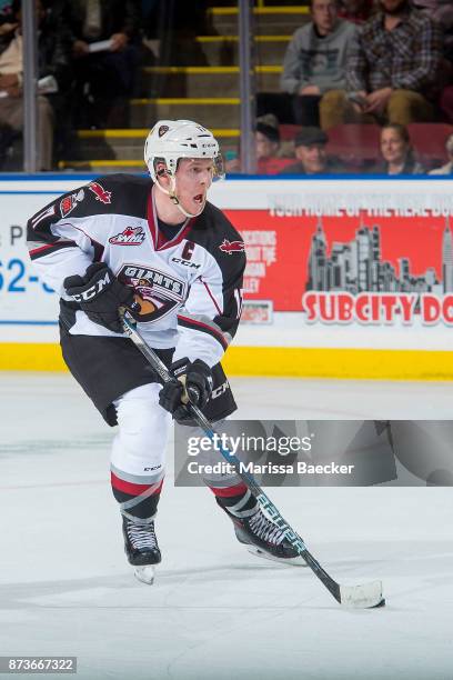 Tyler Benson of the Vancouver Giants skates with the puck against the Kelowna Rockets at Prospera Place on November 10, 2017 in Kelowna, Canada.