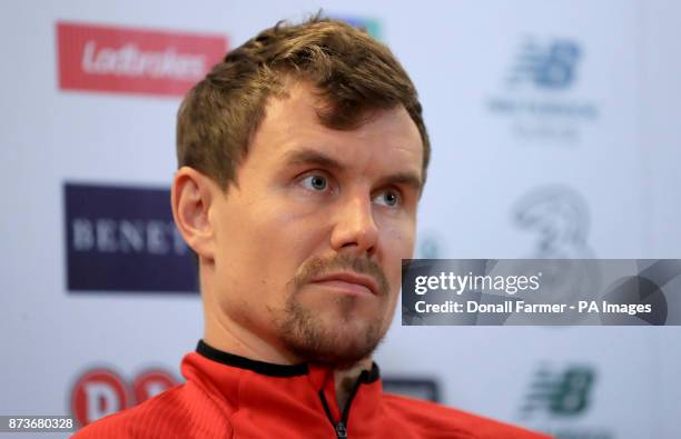 Denmark's Andreas Bjelland during a press conference at the Aviva Stadium, Dublin.