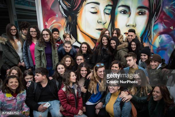 Laura Boldrini and student On the occasion of the World Day of Kindness, Instagram inaugurates #KindCommentsWall of Testaccio, a mural created by...