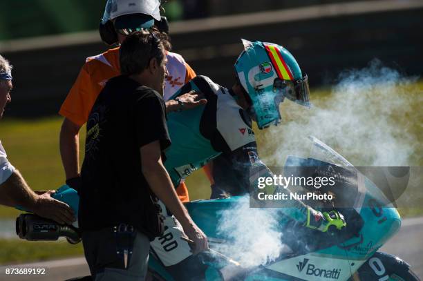 Joan Mir Leopard Racing Honda celebrates his world championship of Moto3 during the race day of the Gran Premio Motul de la Comunitat Valenciana,...