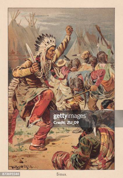 sioux indianer, kriegstanz, lithographie, veröffentlicht im jahre 1891 - headdress stock-grafiken, -clipart, -cartoons und -symbole