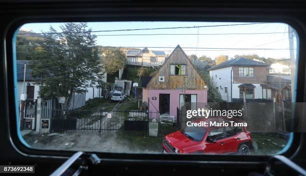 Street scene as viewed from the window of a vintage London Routemaster bus, used for tourist tours, on November 5, 2017 in Ushuaia, Argentina....