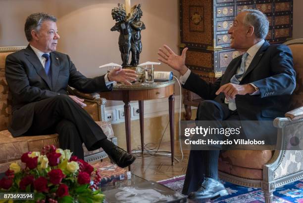 Portuguese President Marcelo Rebelo de Sousa meets with the President of Colombia Juan Manuel Santos Calderon in Belem presidential palace on...